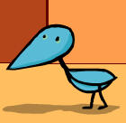 A small blue bird with a long face walks in an orange room.