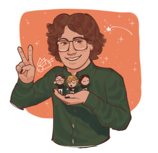 A drawing of Tyler, smiling and flashing a peace sign, holding the three members of Mew in his hands.